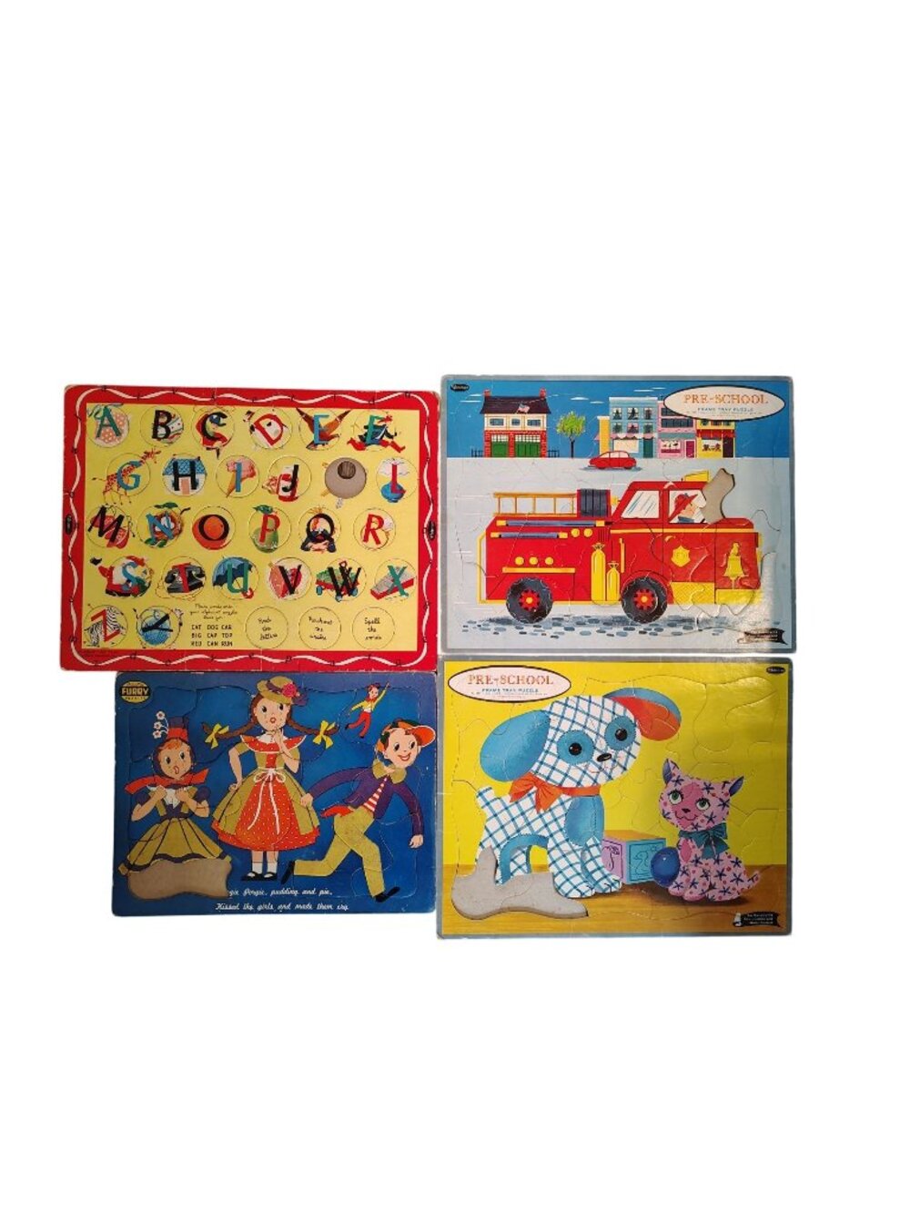 Vintage Set of 4 Pre-School Children's Puzzles, ABC Firefighter Dogs, Craft READ